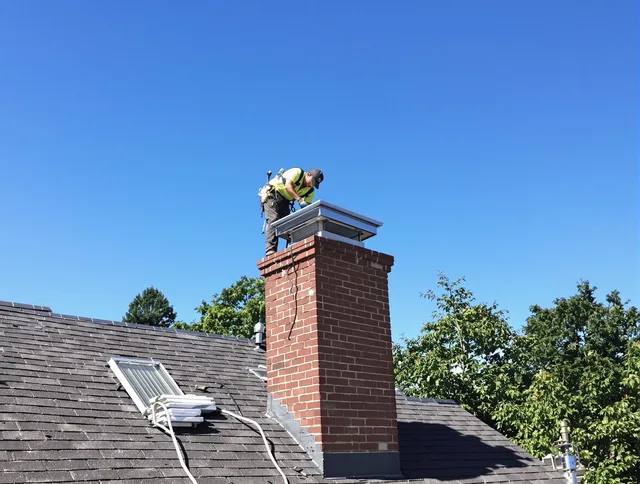 Berlin Chimney Sweep technician measuring a chimney cap in Berlin, CT
